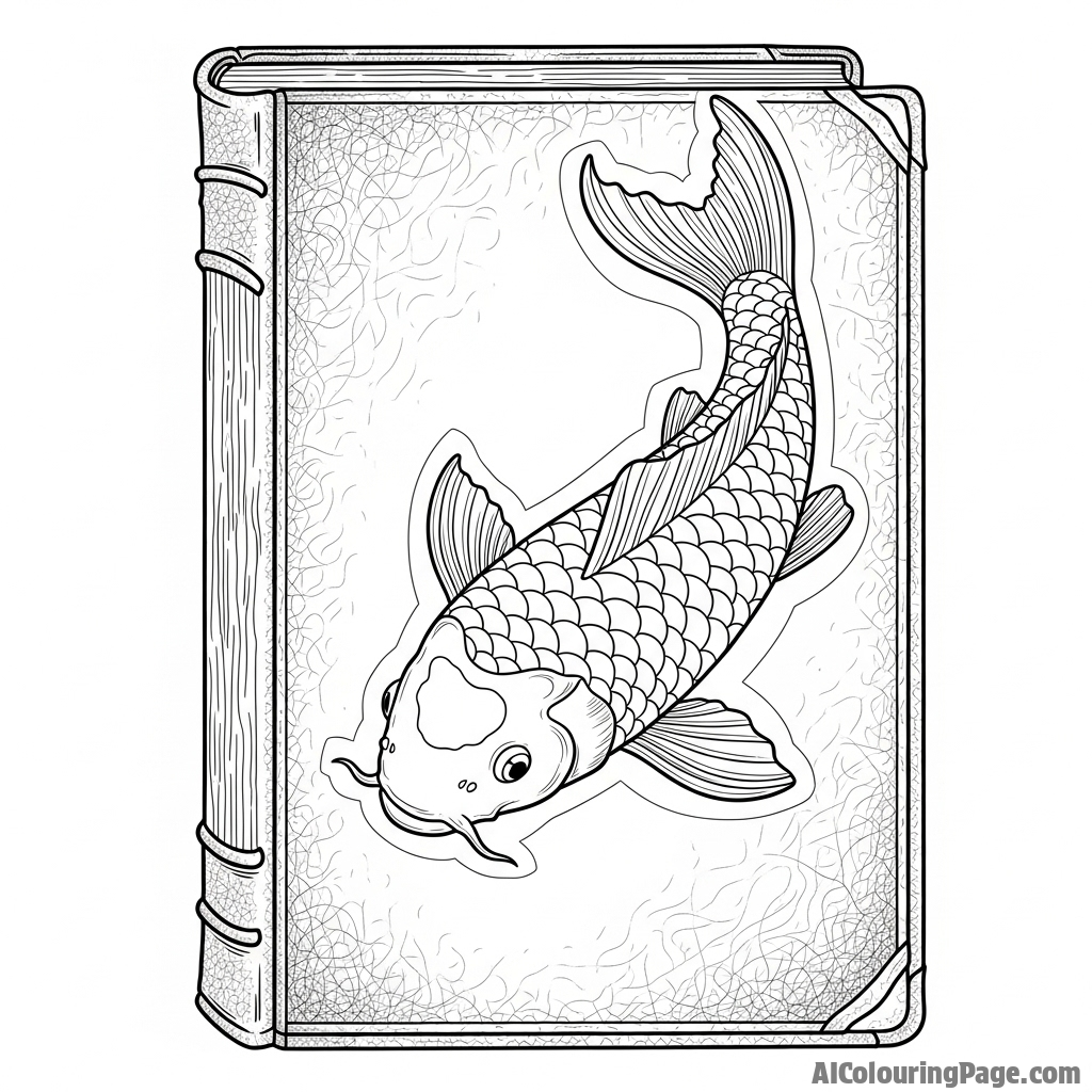 The image of a single koi fish deeply embossed onto the leather cover of an old book.