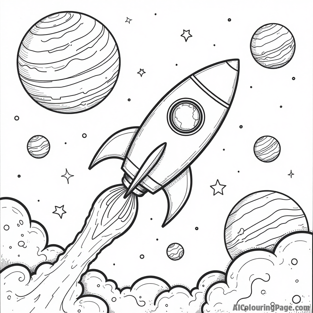 A whimsical rocket ship flying past planets, with stars twinkling in the background, creating an adventurous solar system scene.