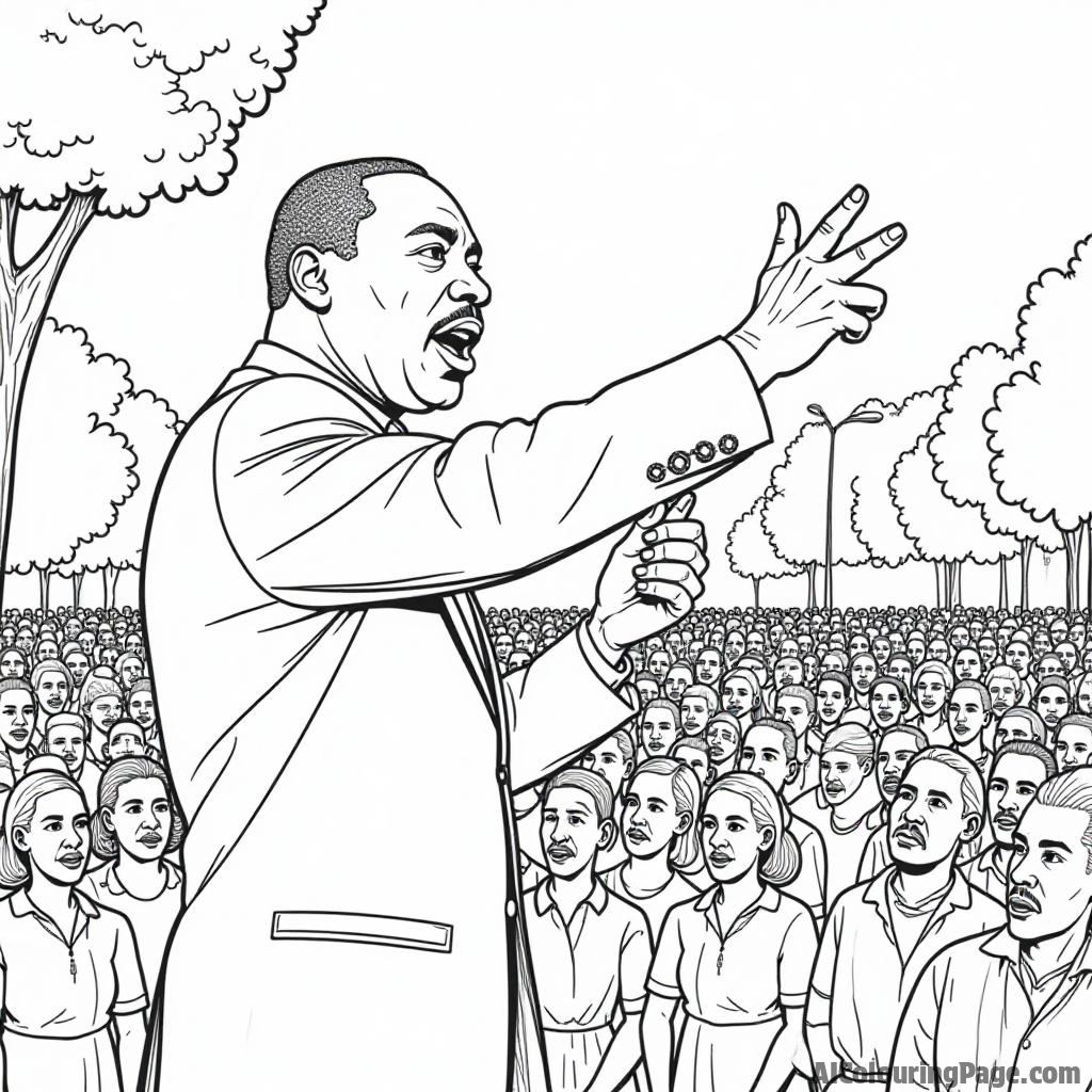 An iconic scene of Martin Luther King Jr. delivering his famous speech, with a diverse crowd, trees in the background, and banners promoting peace and equality, suitable for coloring in black and white.