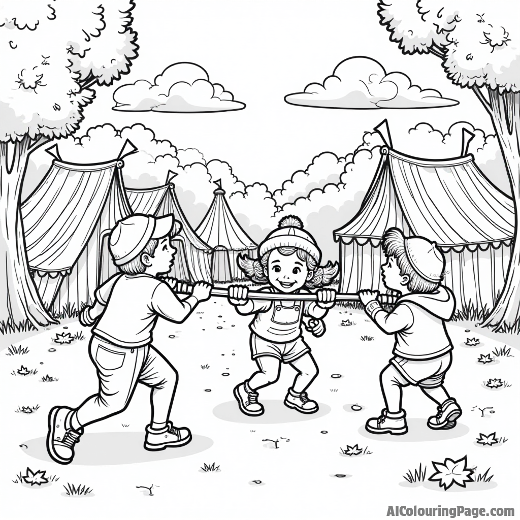 A delightful scene of children playing traditional Bavarian games, like tug-of-war and sack races, set against a backdrop of colorful tents and autumn leaves for a fun coloring page.