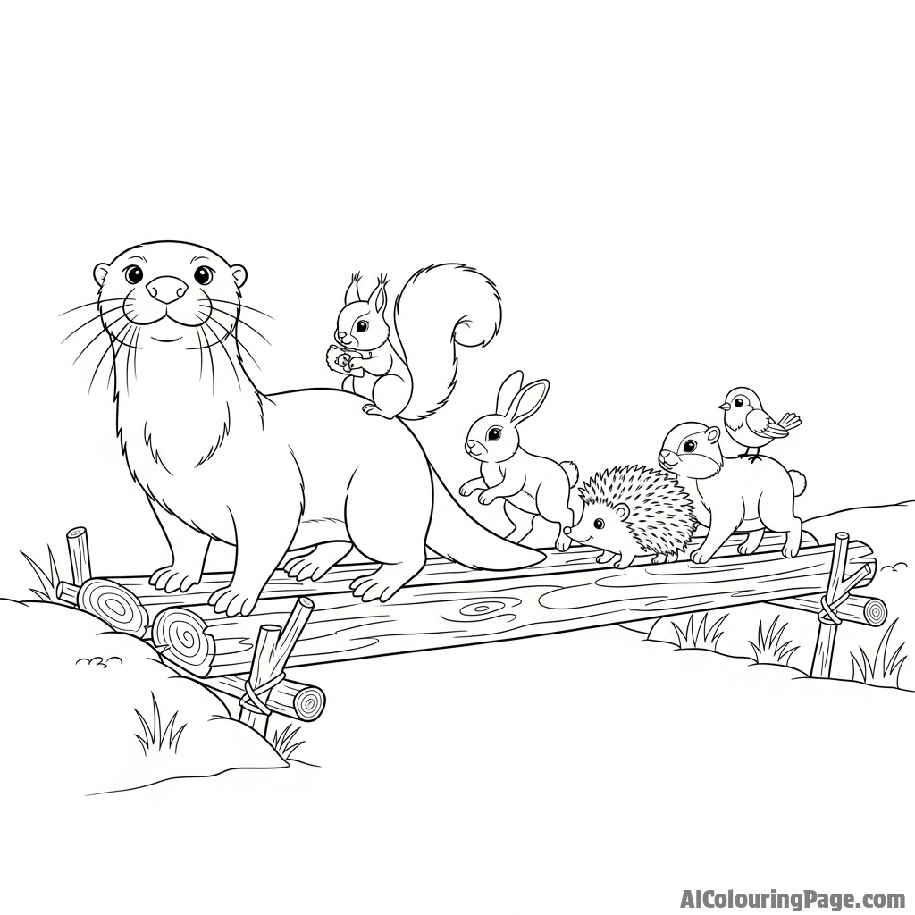 An otter leading a group of other small animals across a log bridge.