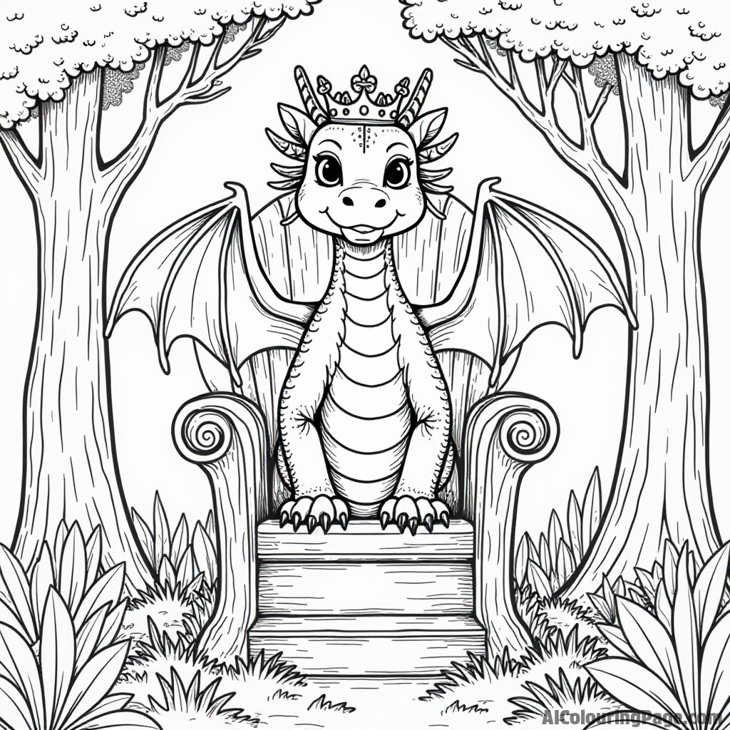 A dragon wearing a crown sitting on a throne made of branches in an enchanted forest.