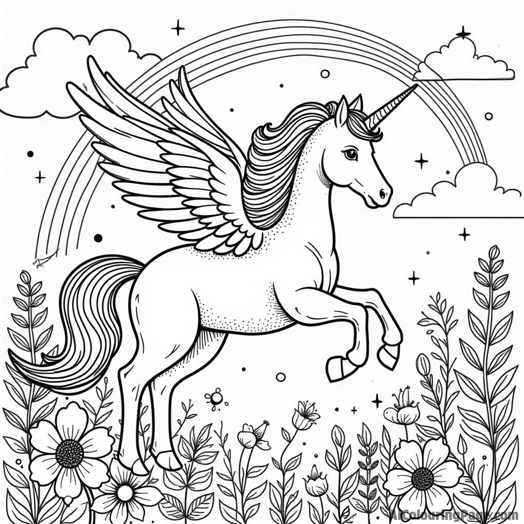 A unicorn with glittery wings soaring through a vibrant landscape of flowers and rainbows, encouraging imaginative coloring adventures.