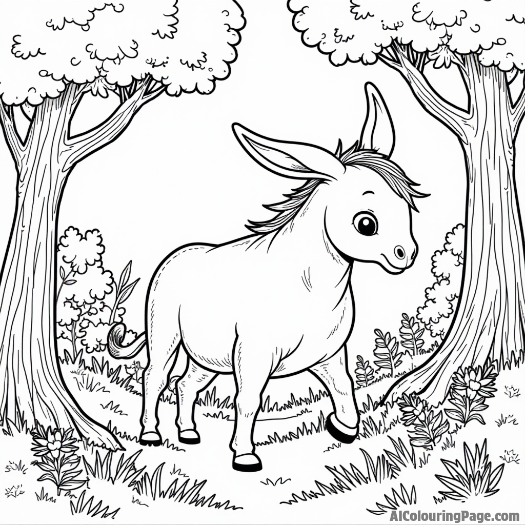 A donkey exploring an enchanted forest, with magical creatures peeking out from behind trees and colorful plants