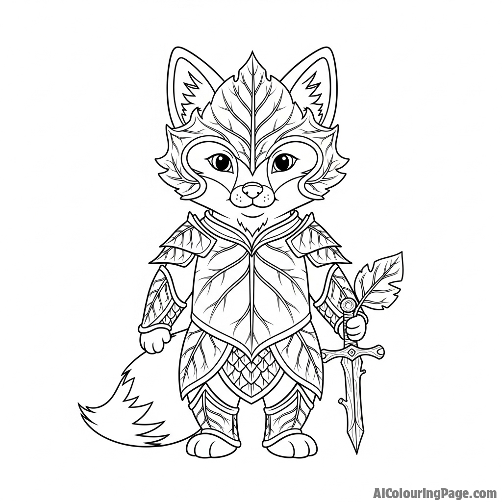 A fox knight in ornate, leaf-shaped armor, holding a tiny twig sword.