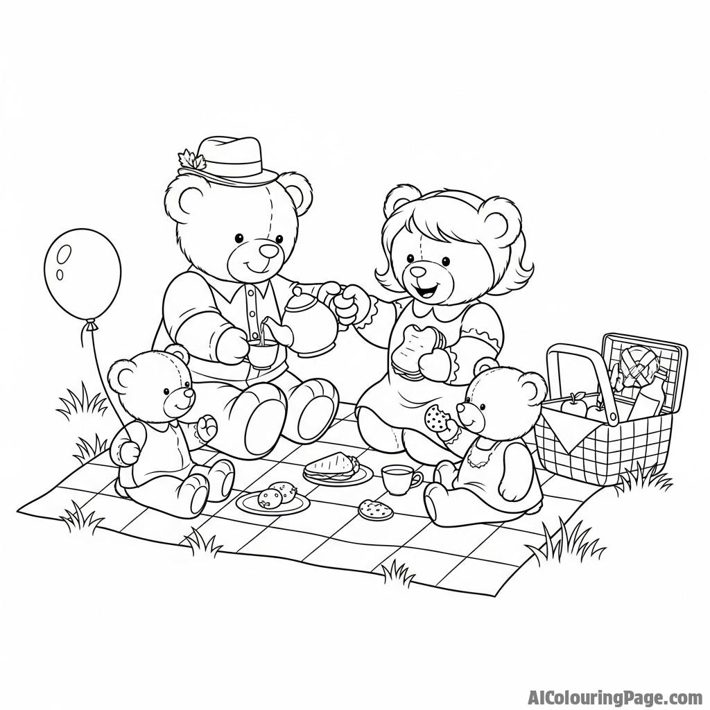 A family of teddy bears having a picnic on a checkered blanket.