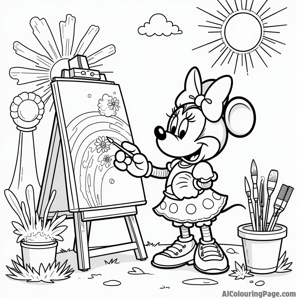 Minnie Mouse painting a canvas in her art studio, with paintbrushes, colorful paints, and a cheerful sun shining outside