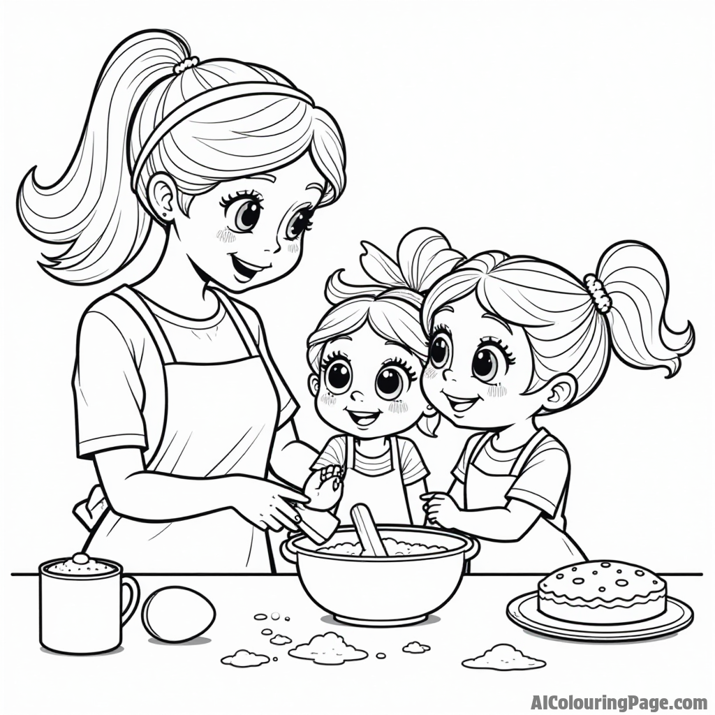 Blossom teaching Buttercup and Bubbles to bake, with flour, eggs, and cheerful expressions, creating sweet memories together