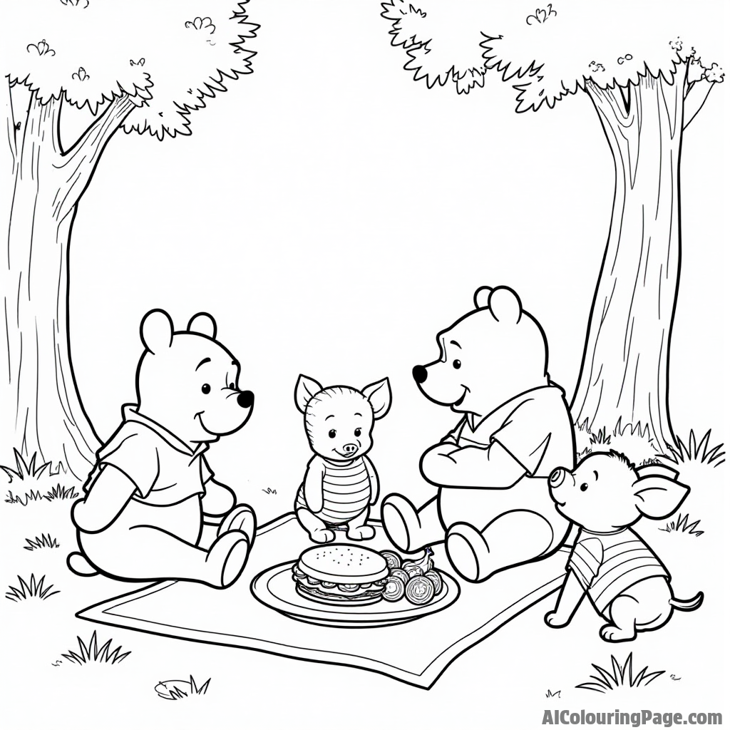 Kanga and Roo enjoying a picnic, with sandwiches and fruit laid out, while Pooh and Piglet approach curiously.