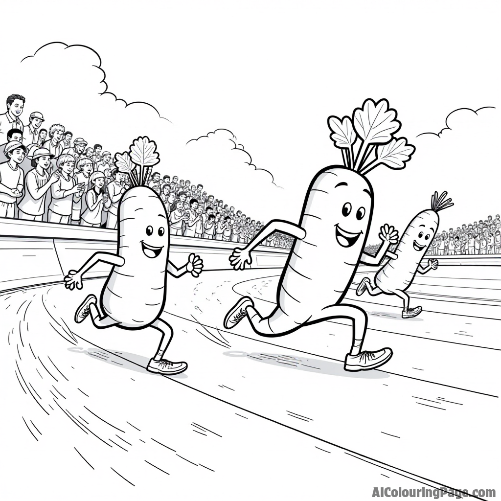 A fun vegetable race featuring carrots, radishes, and cucumbers running on a track with cheering fans.