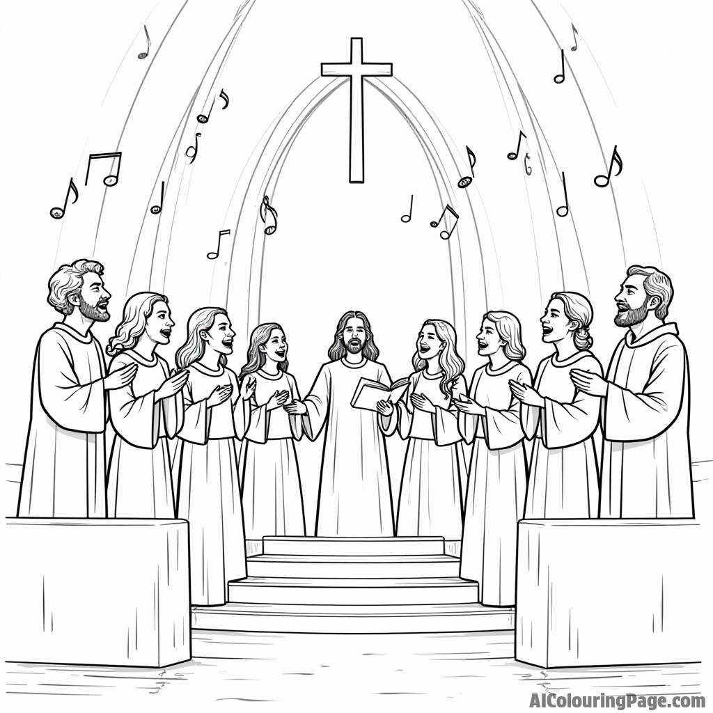 A joyful choir singing in front of a church altar, with musical notes floating in the air around them.