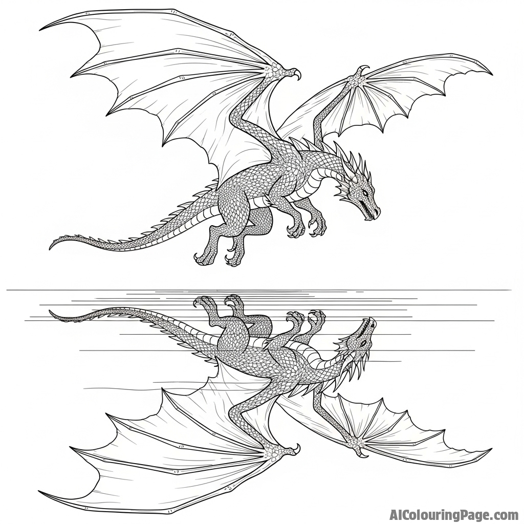 A dragon's reflection in the still water of a high-altitude lake.