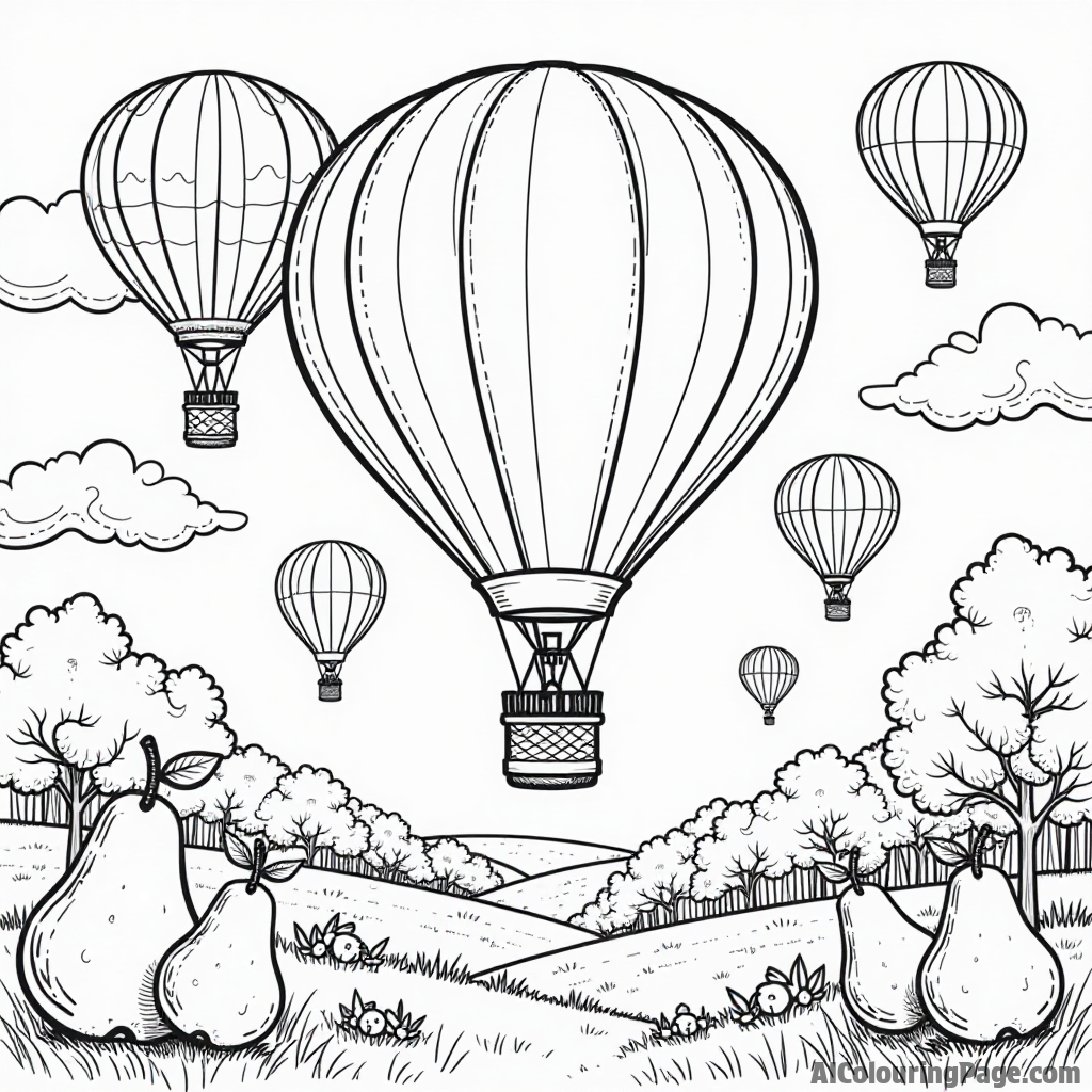 A pear-themed hot air balloon festival with colorful balloons floating in the sky, inviting children to color the vibrant scene.