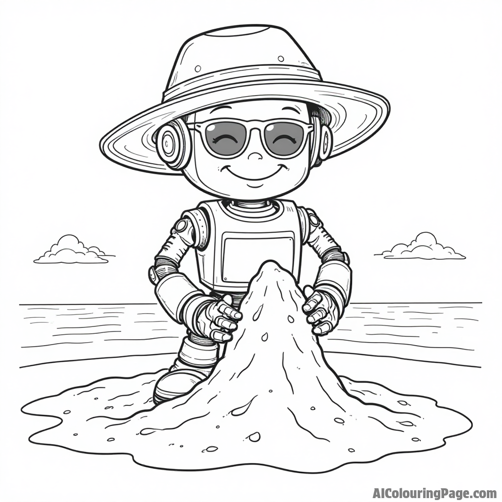 A cute robot building a sandcastle on the beach, with a sun hat and sunglasses, enjoying a fun summer day.