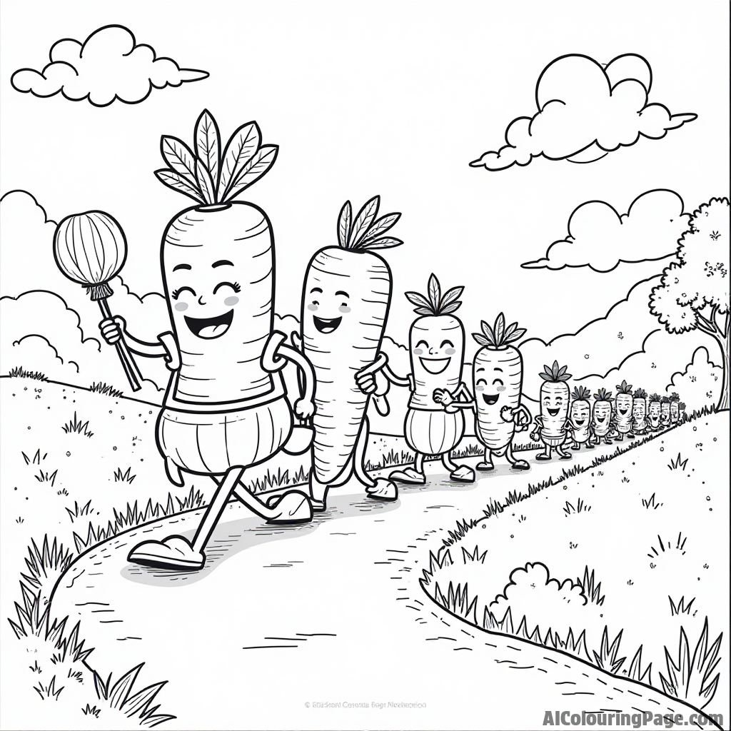 A whimsical carrot parade with decorated floats and vegetable characters marching happily along a winding path under a blue sky.