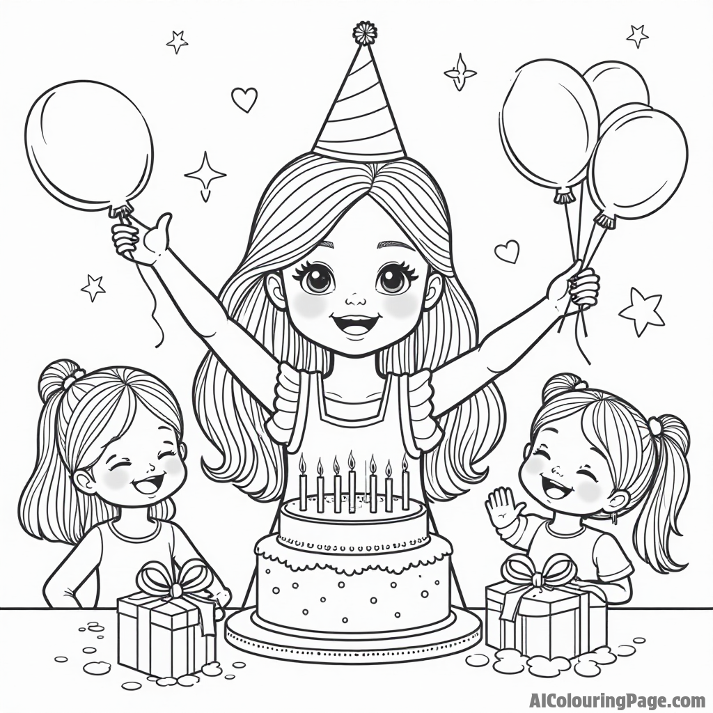 A doll hosting a birthday party with balloons, a cake, and presents, while her friends cheer and celebrate around her.