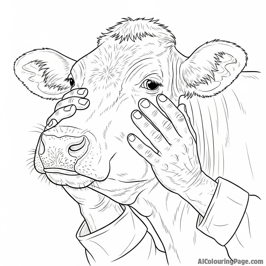 A farmer\'s weathered hands gently stroking the face of a calm, trusting cow.