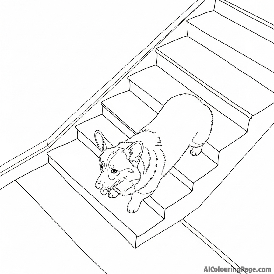 A corgi attempting to climb a flight of stairs, seen from a top-down perspective.