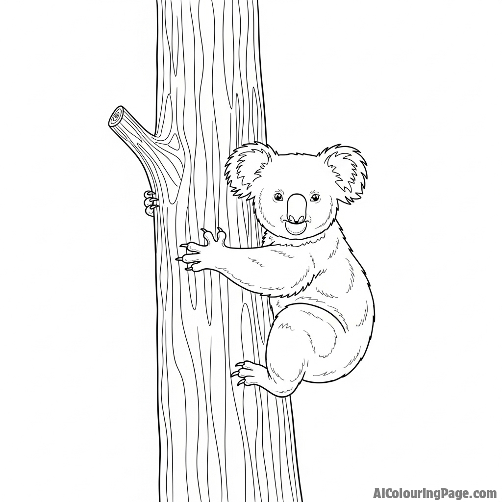 A low-angle perspective of a koala ascending a massive tree trunk.