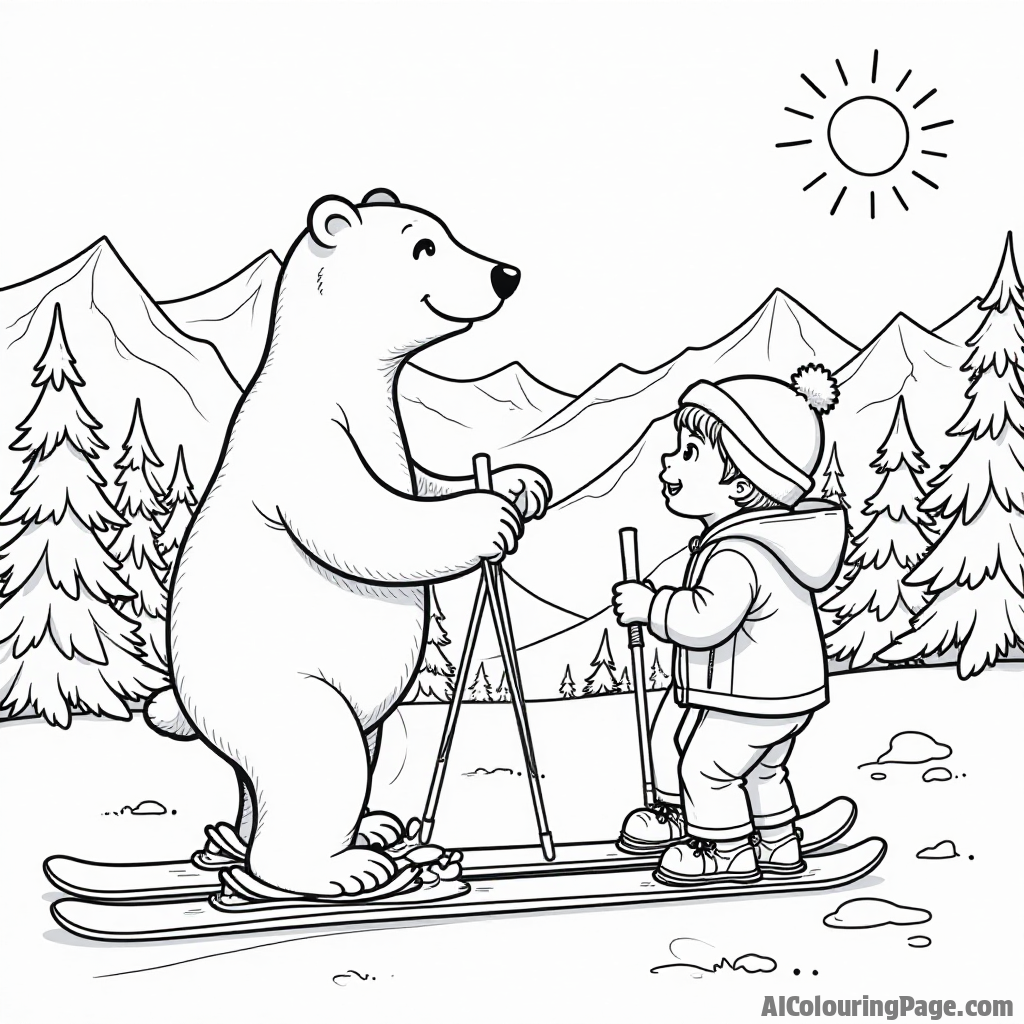 A friendly polar bear teaching a group of kids how to ski, with snow-covered mountains in the background and a bright sun shining down, perfect for a fun coloring page.