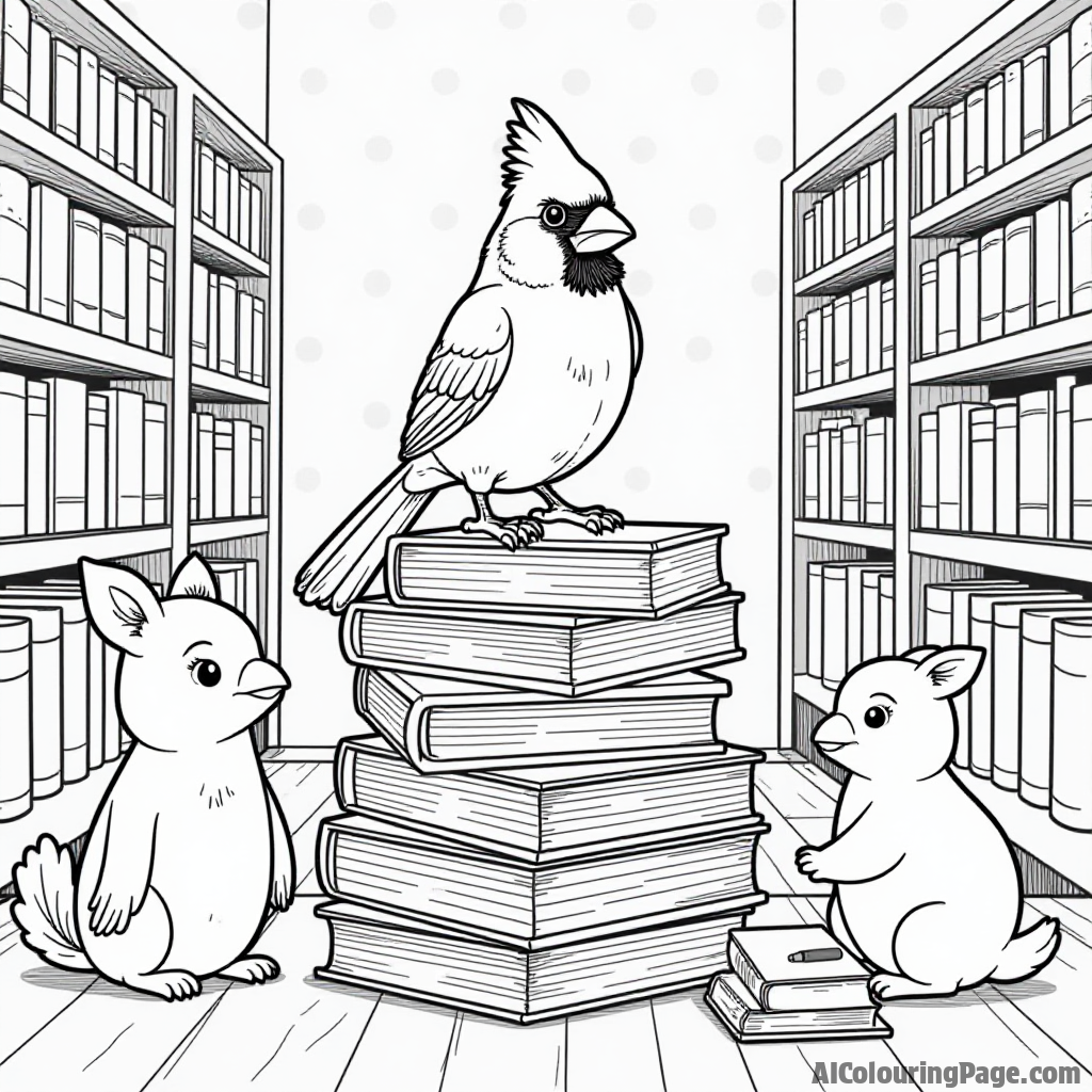 A cardinal sitting atop a stack of books in a library, surrounded by shelves and reading animals for an educational coloring page.