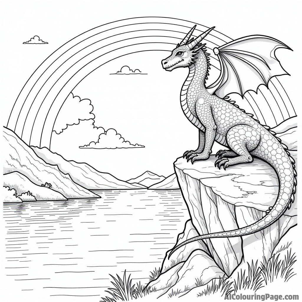 A dragon perched on a cliff overlooking a sparkling lake with a rainbow arching across the sky.