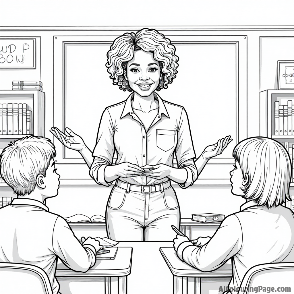 An African American teacher in a classroom, surrounded by engaged students and educational materials, promoting learning and inspiration, illustrated for a black and white coloring experience.