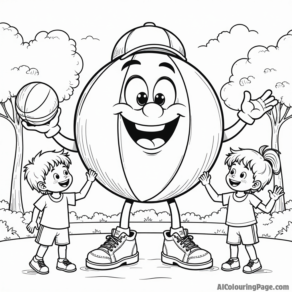 A friendly giant basketball wearing sneakers and a cap, playing with children in a park, bringing joy and laughter, designed for a fun coloring experience for kids.