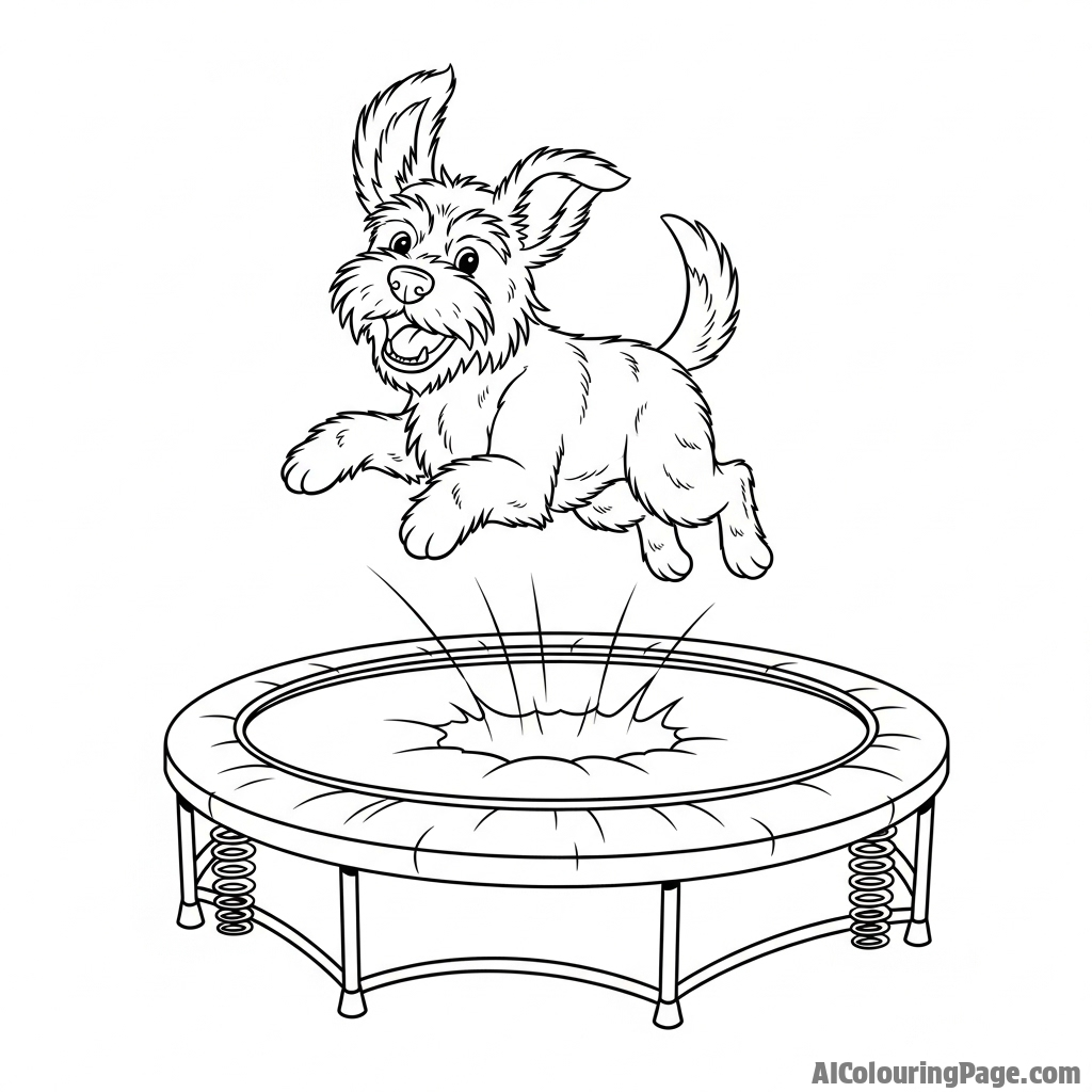 A happy dog mid-jump on a trampoline.