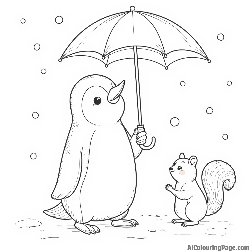 A penguin holding an umbrella while it snows, surrounded by a curious squirrel and falling snowflakes.