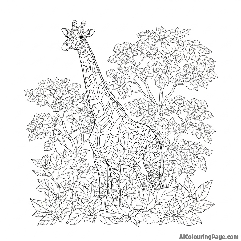 A giraffe perfectly camouflaged against a backdrop of similarly patterned foliage.