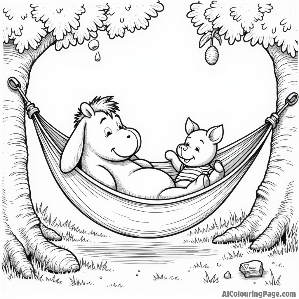 Eeyore lounging in a hammock, with a book in his hooves, while Pooh and Piglet enjoy honey nearby.