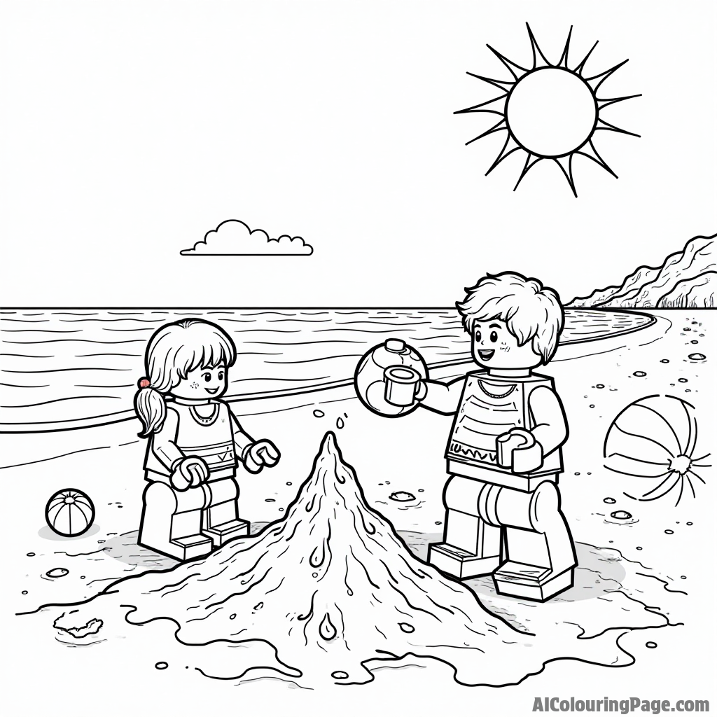 A LEGO beach scene with sandcastles, kids playing with beach balls, and a sun shining brightly in the sky.