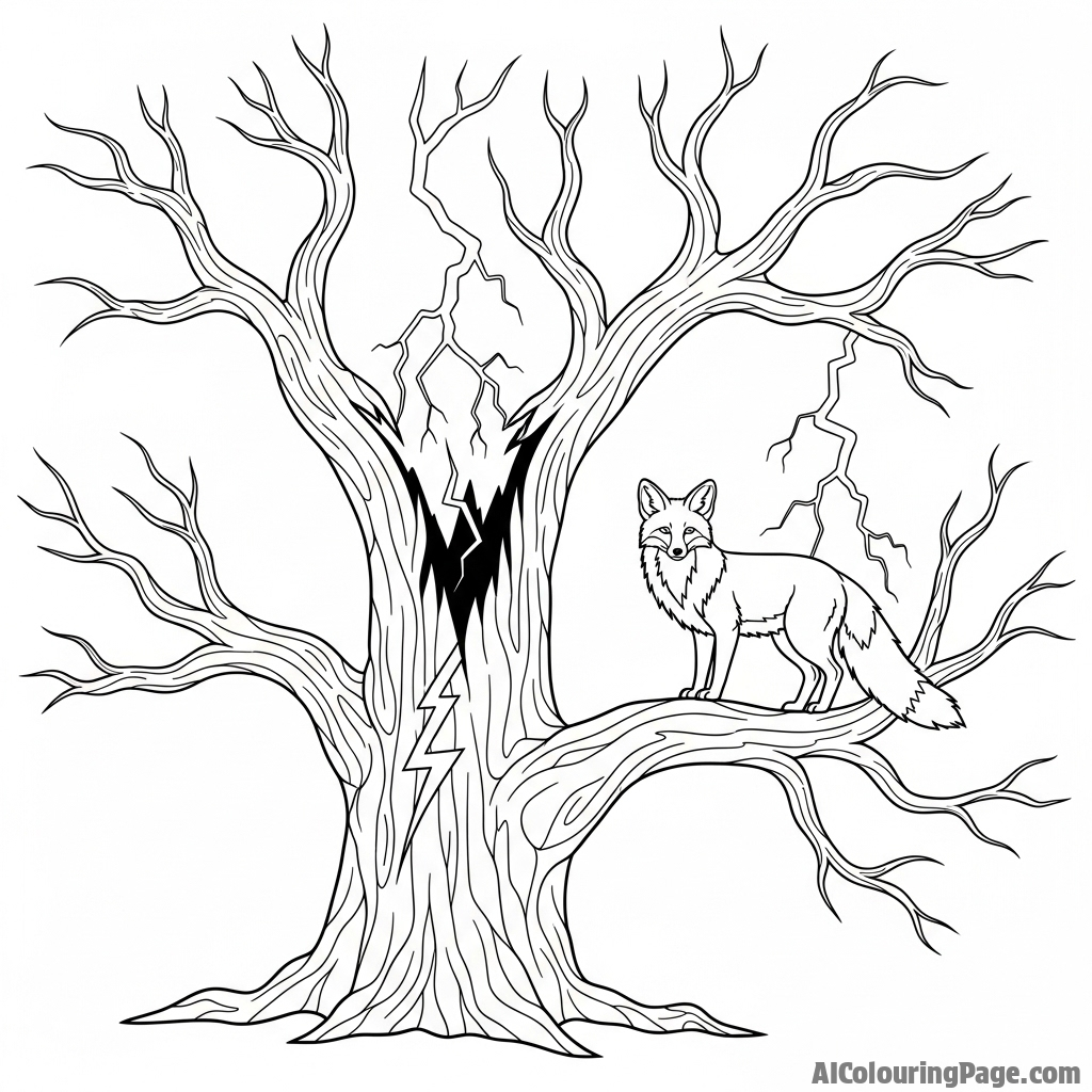 A fox silhouette against the gnarled branches of a lightning-struck tree.