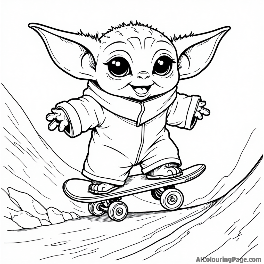 Baby Yoda riding a skateboard down a fun ramp with a big smile