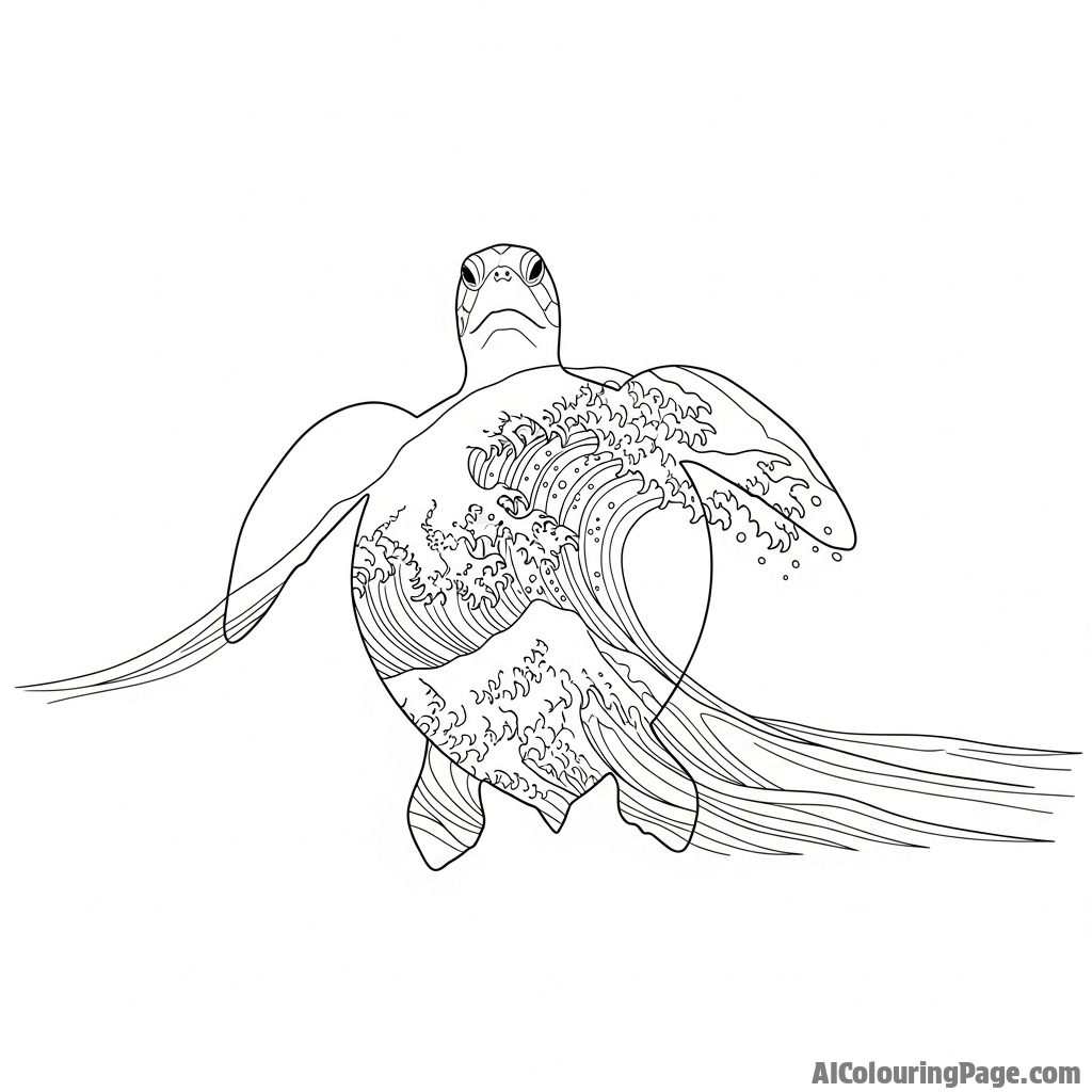A double-exposure image combining a turtle's silhouette with an ocean wave.