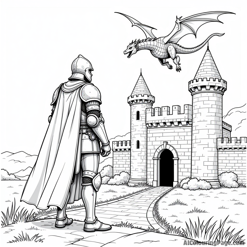 A brave knight in shining armor standing guard at the entrance of a castle, with a dragon flying overhead in the distance.