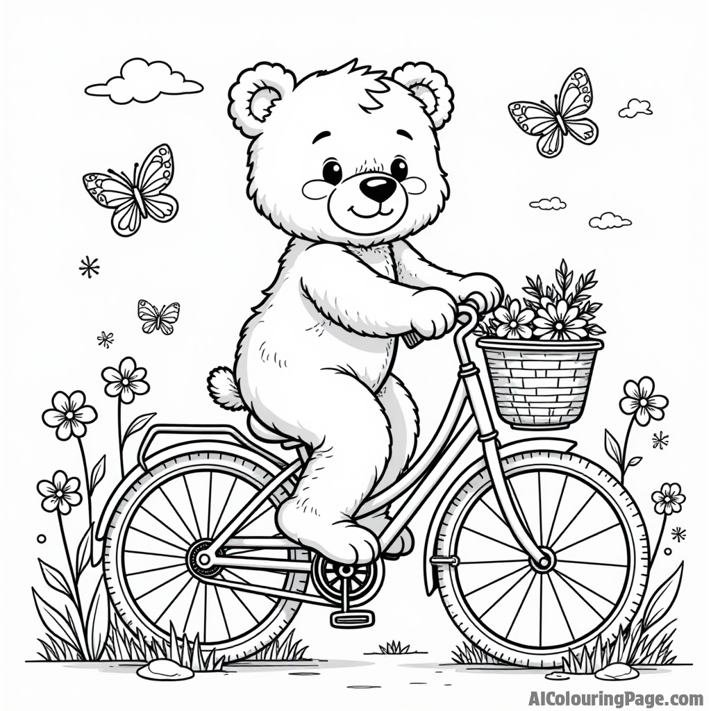 A teddy bear riding a bicycle with a basket, surrounded by flowers and butterflies, encouraging children to add their colors to this lively and cheerful scene.