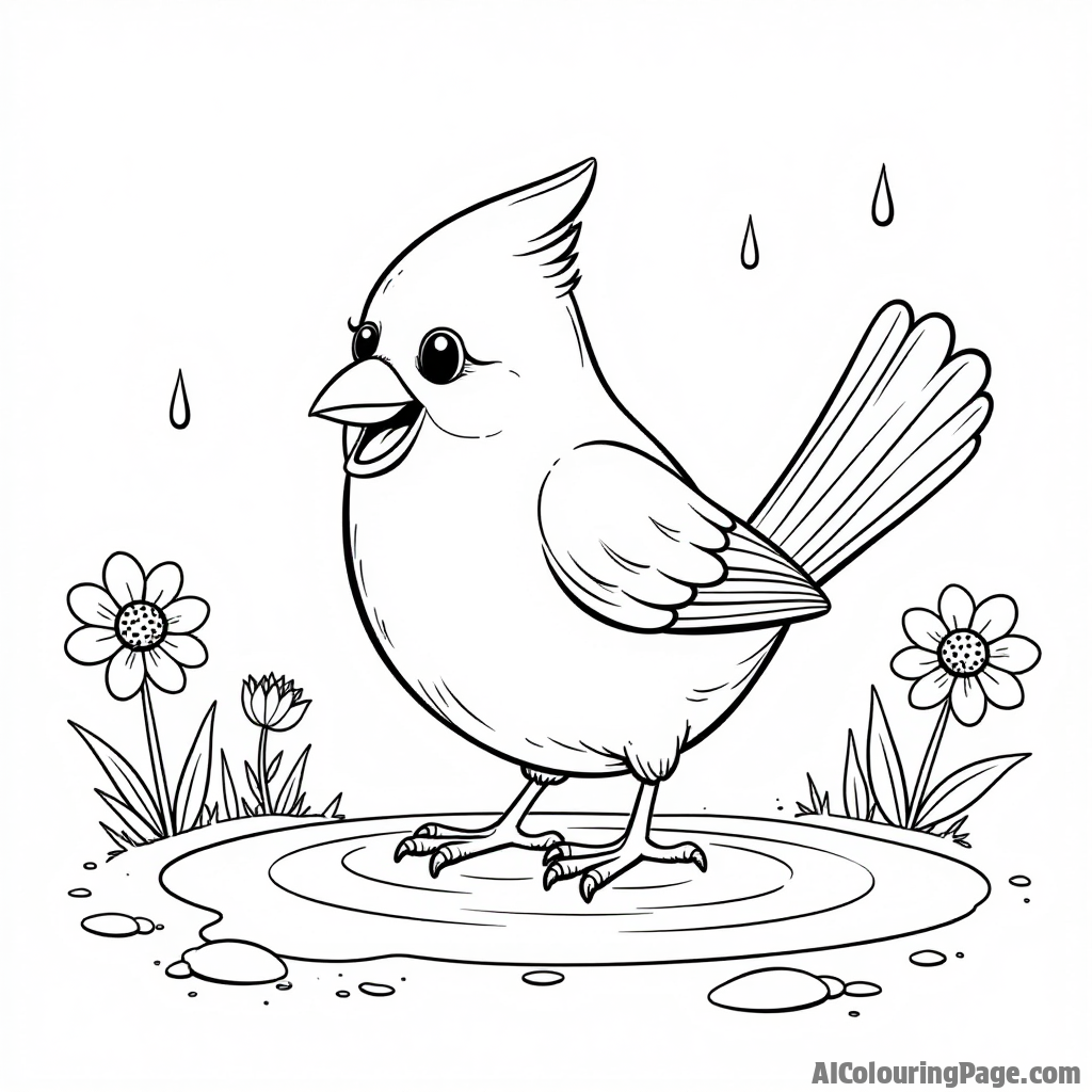 A playful cardinal splashing in a puddle after rain, with raindrops and flowers around for a fun coloring experience.