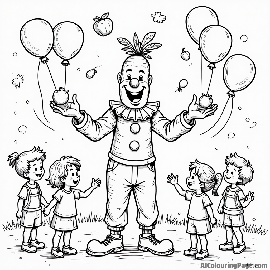 A silly carrot clown juggling colorful fruits and vegetables at a fun carnival, with balloons and excited kids watching.