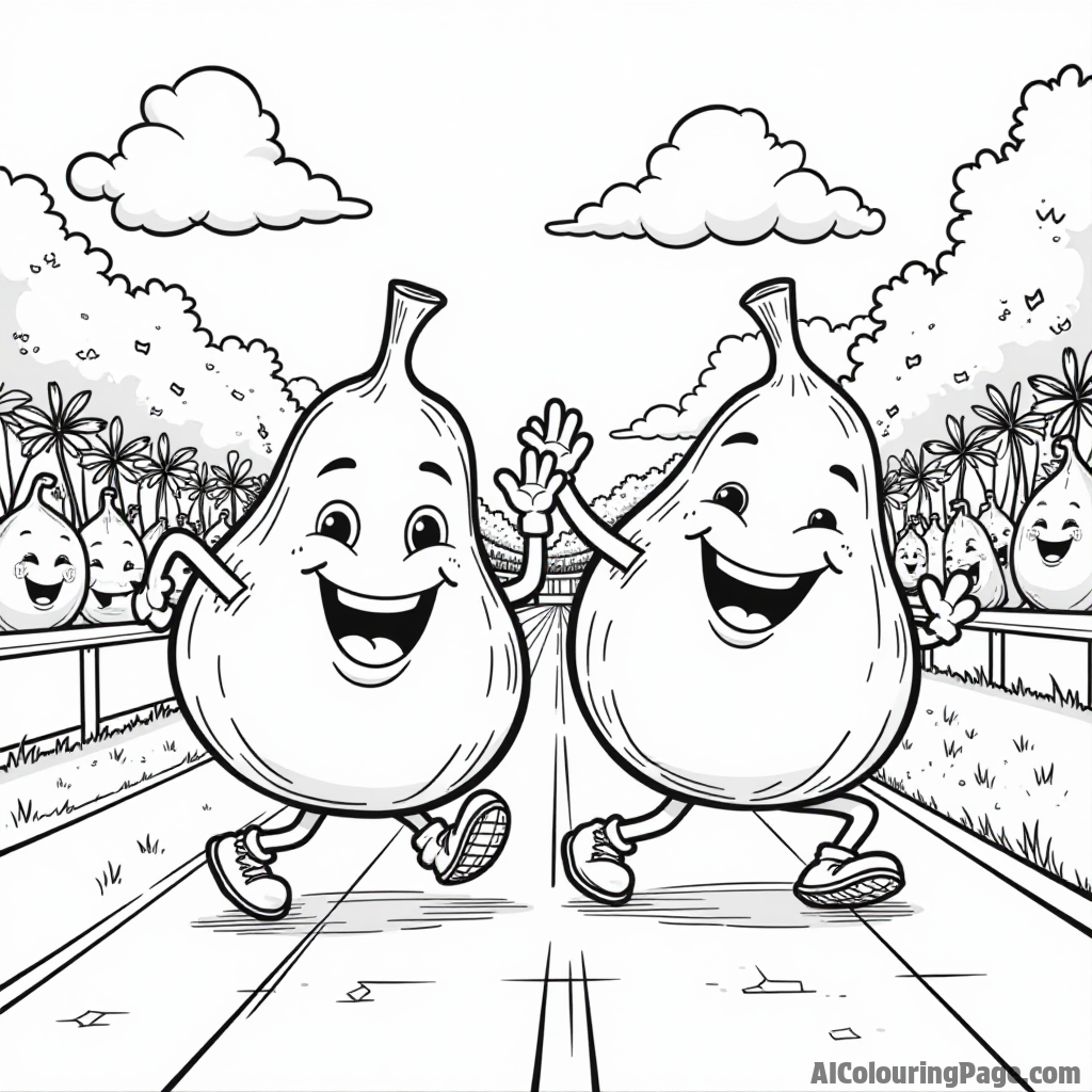 A pair of playful figs competing in a race, with a finish line and cheering fruit friends on the sidelines.