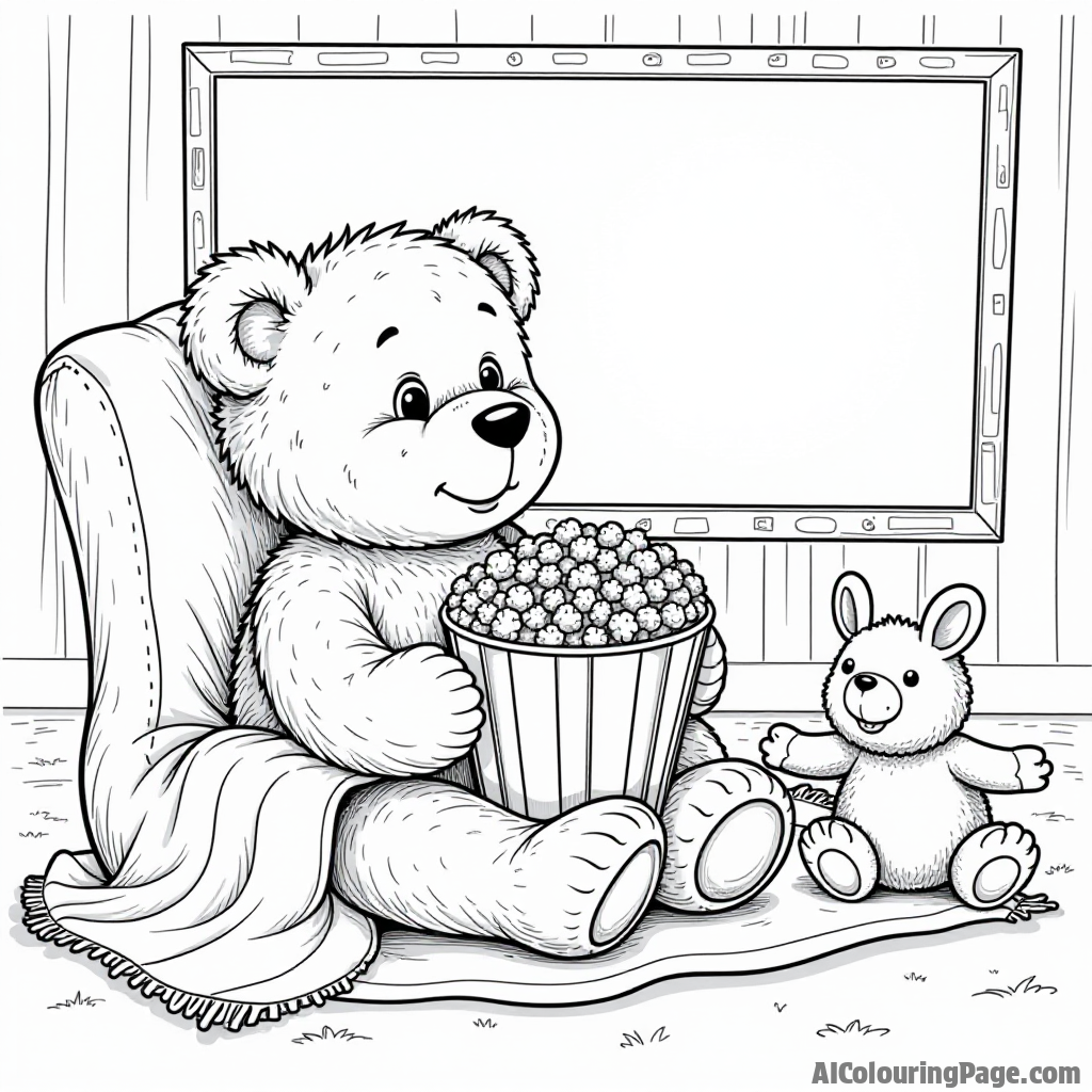 A teddy bear watching a movie with popcorn and a cozy blanket, surrounded by plush toys, inviting kids to color this relaxing and fun scene.