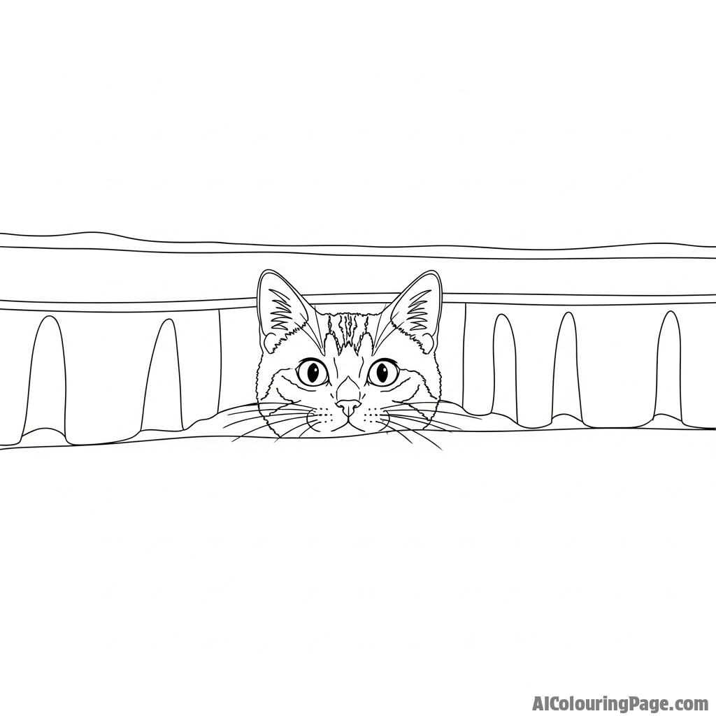 A cat peeking out from under a bed, eyes wide in the dim light.