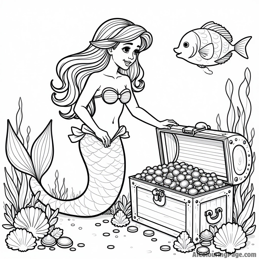 A playful mermaid exploring a coral reef with colorful fish and a treasure chest filled with sparkling jewels and coins.