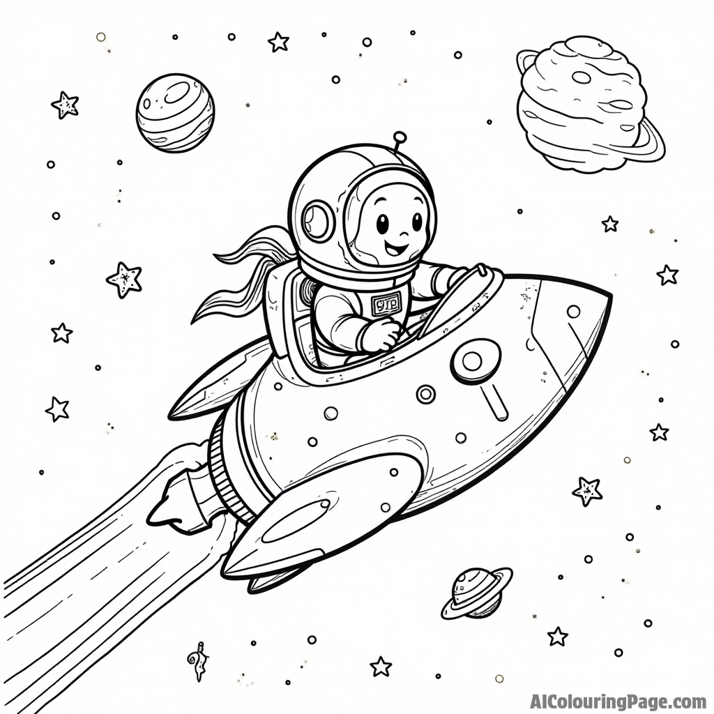 A cupcake spaceship zooming through space, decorated with stars and planets, with a cheerful astronaut cupcake pilot.