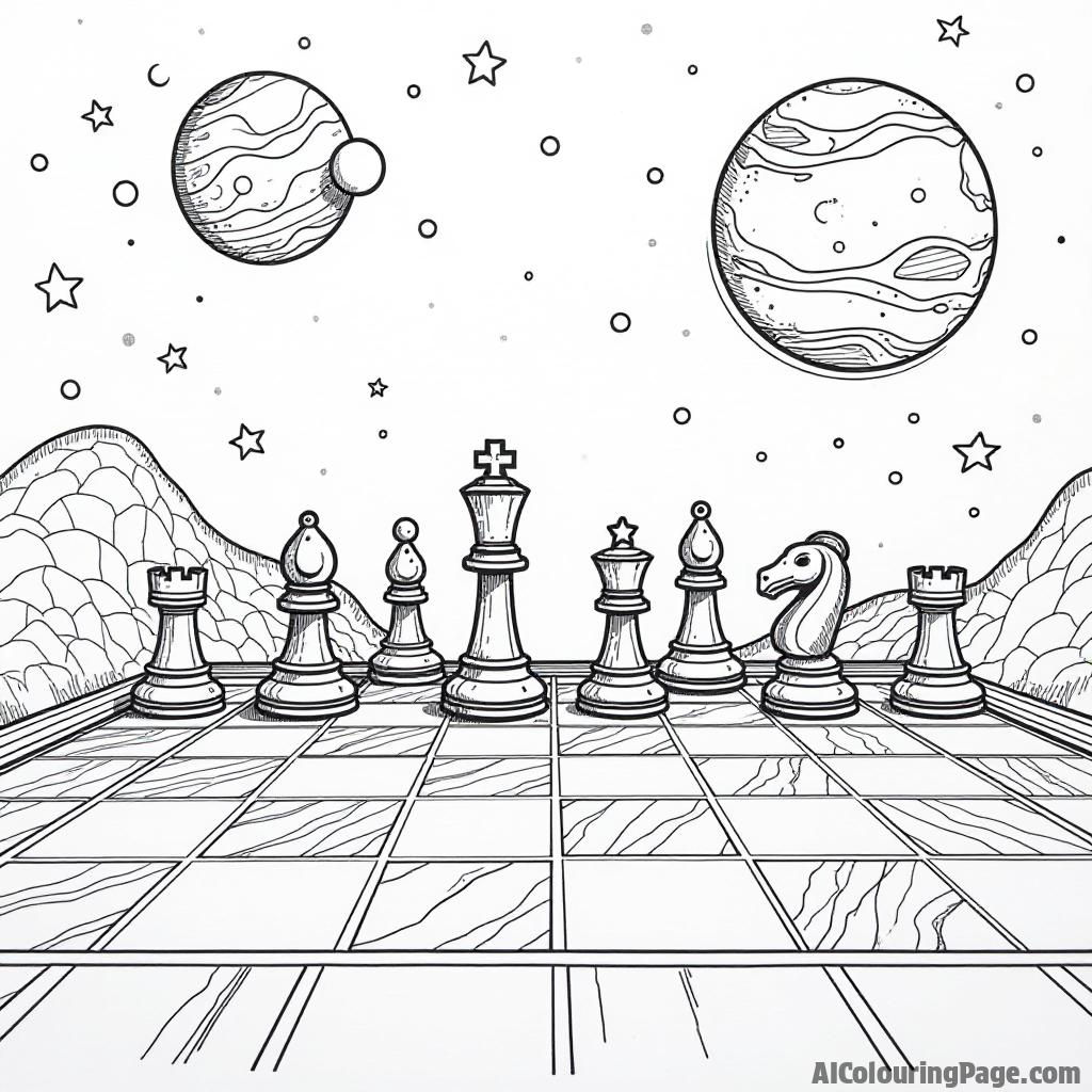 A futuristic chessboard in outer space, with alien chess pieces floating around planets and stars, inviting young artists to explore a cosmic coloring adventure filled with imagination.