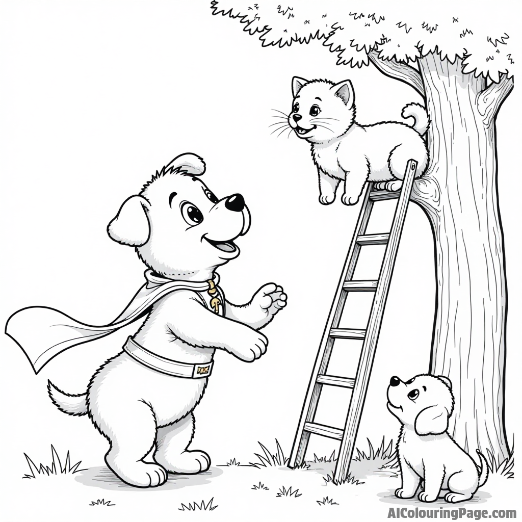 A puppy in a superhero costume saving a kitten stuck in a tree, with a ladder and other puppies watching in awe.