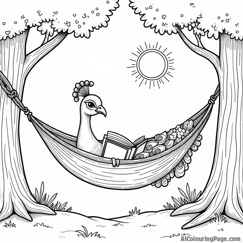 A peacock relaxing in a hammock between two trees, reading a book with a warm sun shining down on it