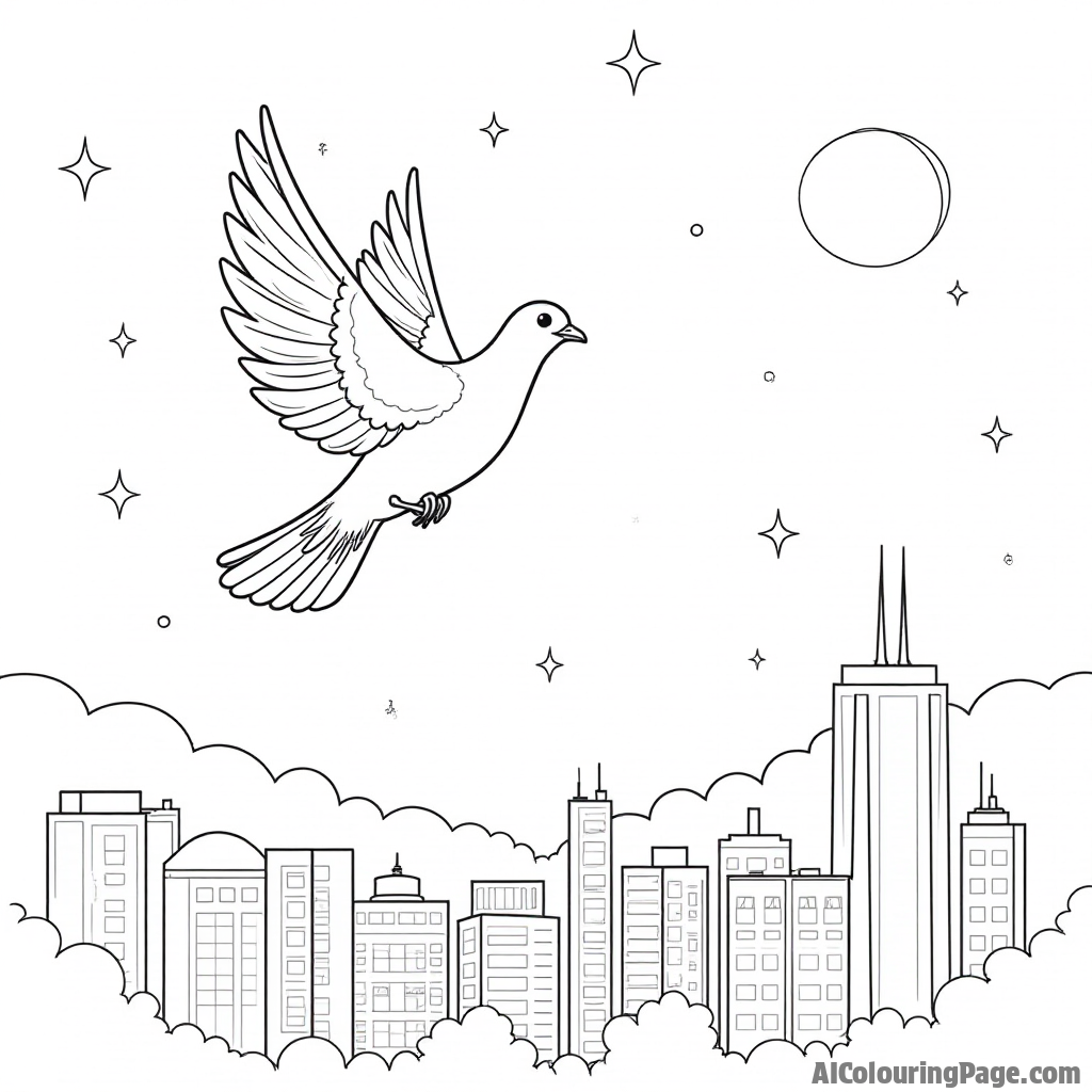 A dove flying over a city skyline at sunset, with buildings and stars in the background for a nighttime coloring adventure.