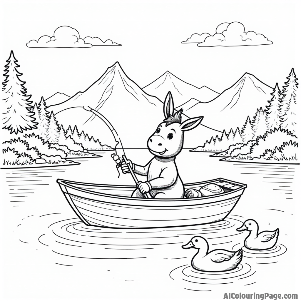 A donkey sailing on a boat, fishing in a lake, with ducks swimming nearby and mountains in the background